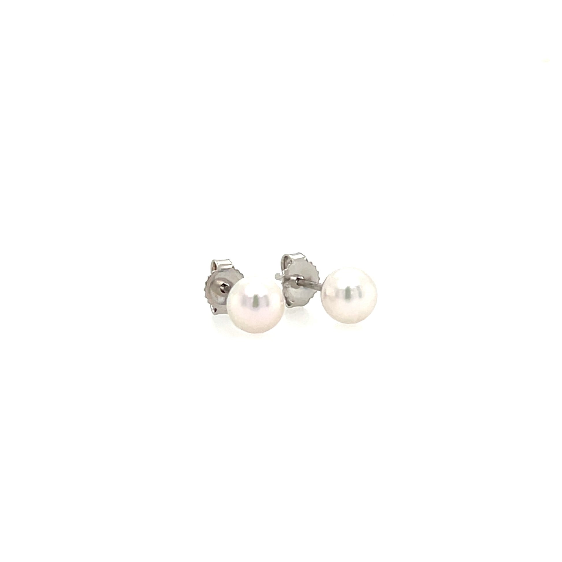 Pearl 5mm Stud Earrings in 14K White Gold. Left Side View.