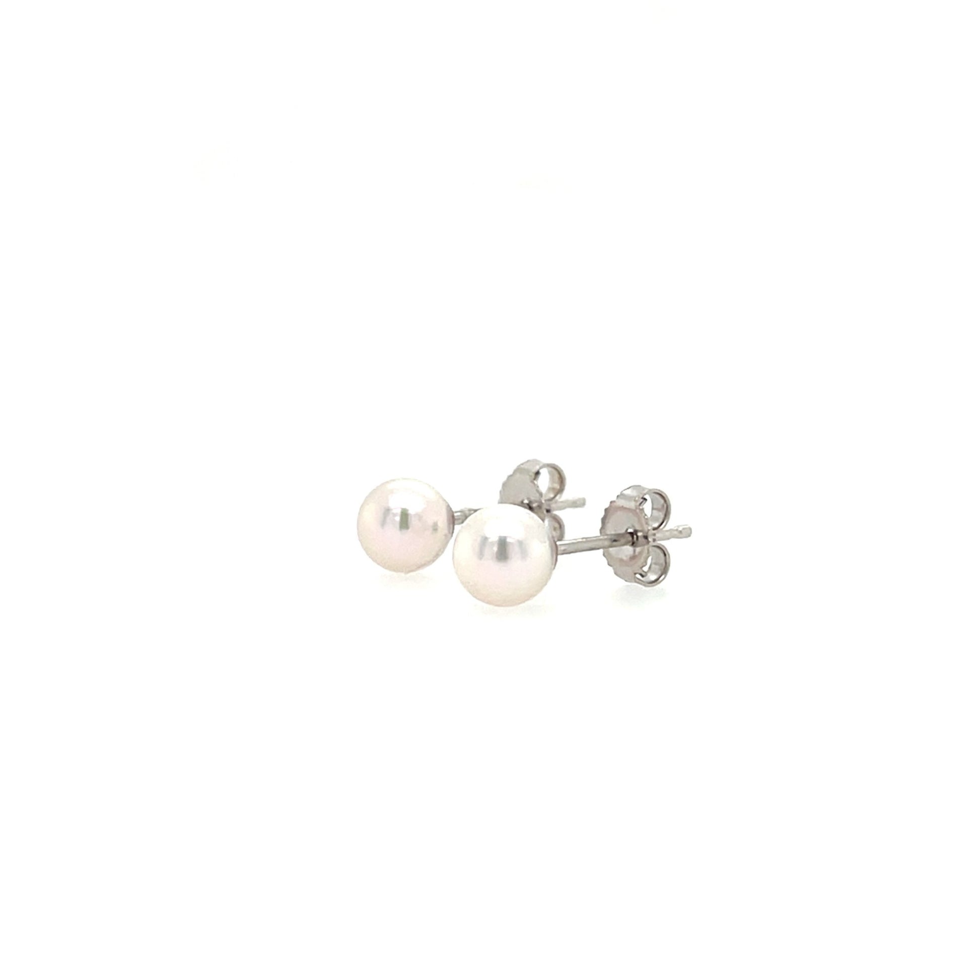 Pearl 5mm Stud Earrings in 14K White Gold. Right Side View.