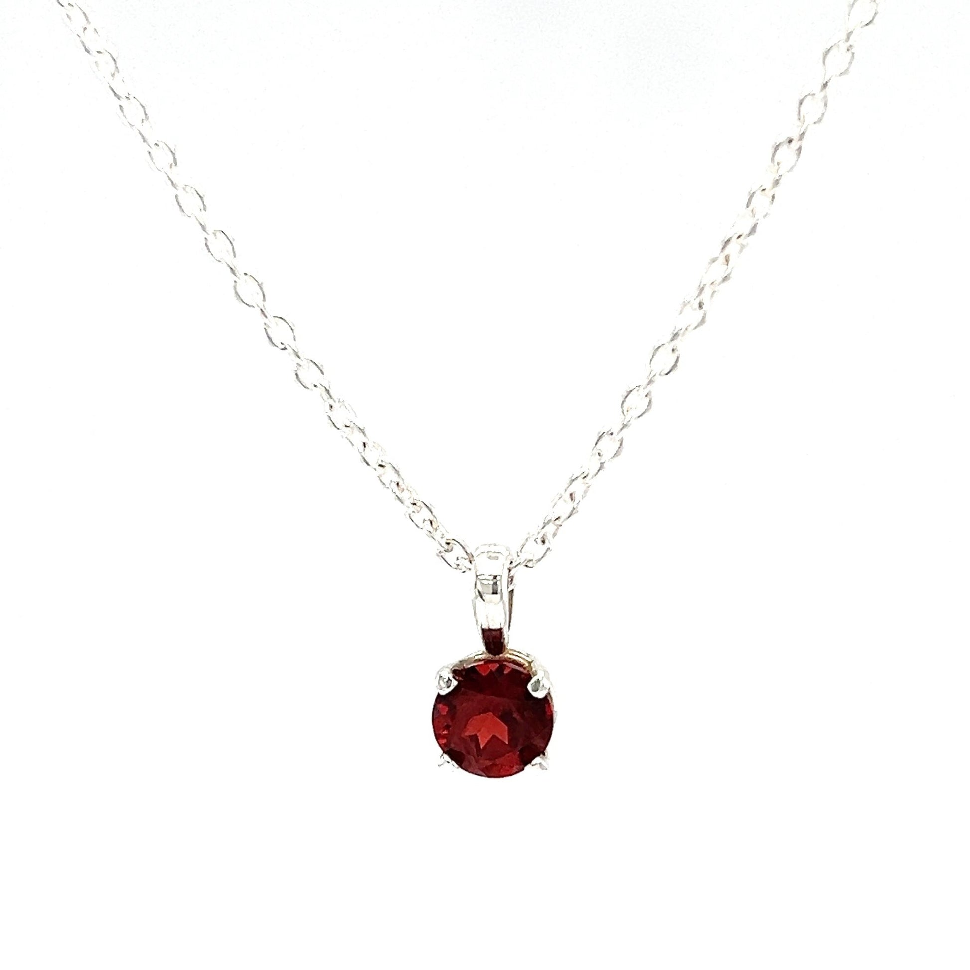 Round Garnet Necklace with 16in of Length in Sterling Silver. Front View.