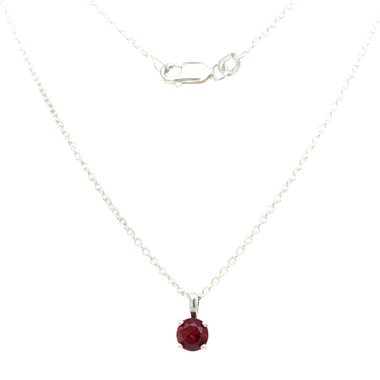 Round Garnet Necklace with 16in of Length in Sterling Silver. Full Necklace Front View