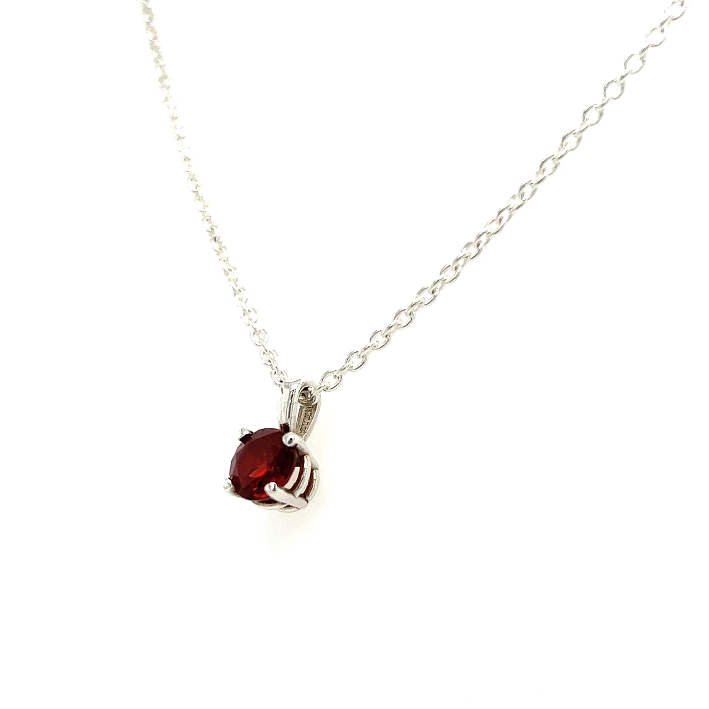 Round Garnet Necklace with 16in of Length in Sterling Silver. Right Side View.