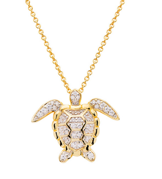 14K Gold Vermeil Turtle Necklace Adorned with Cubic Zirconias