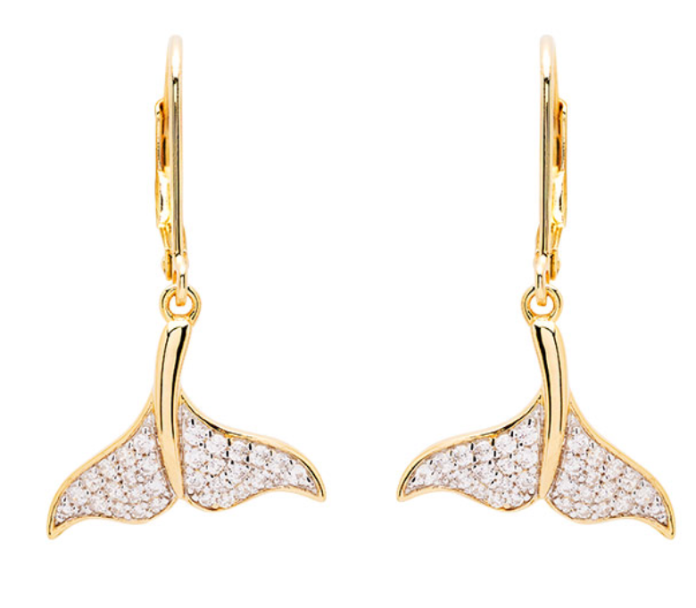 14K Gold Vermeil Whale Tail Earrings with Cubic Zirconias