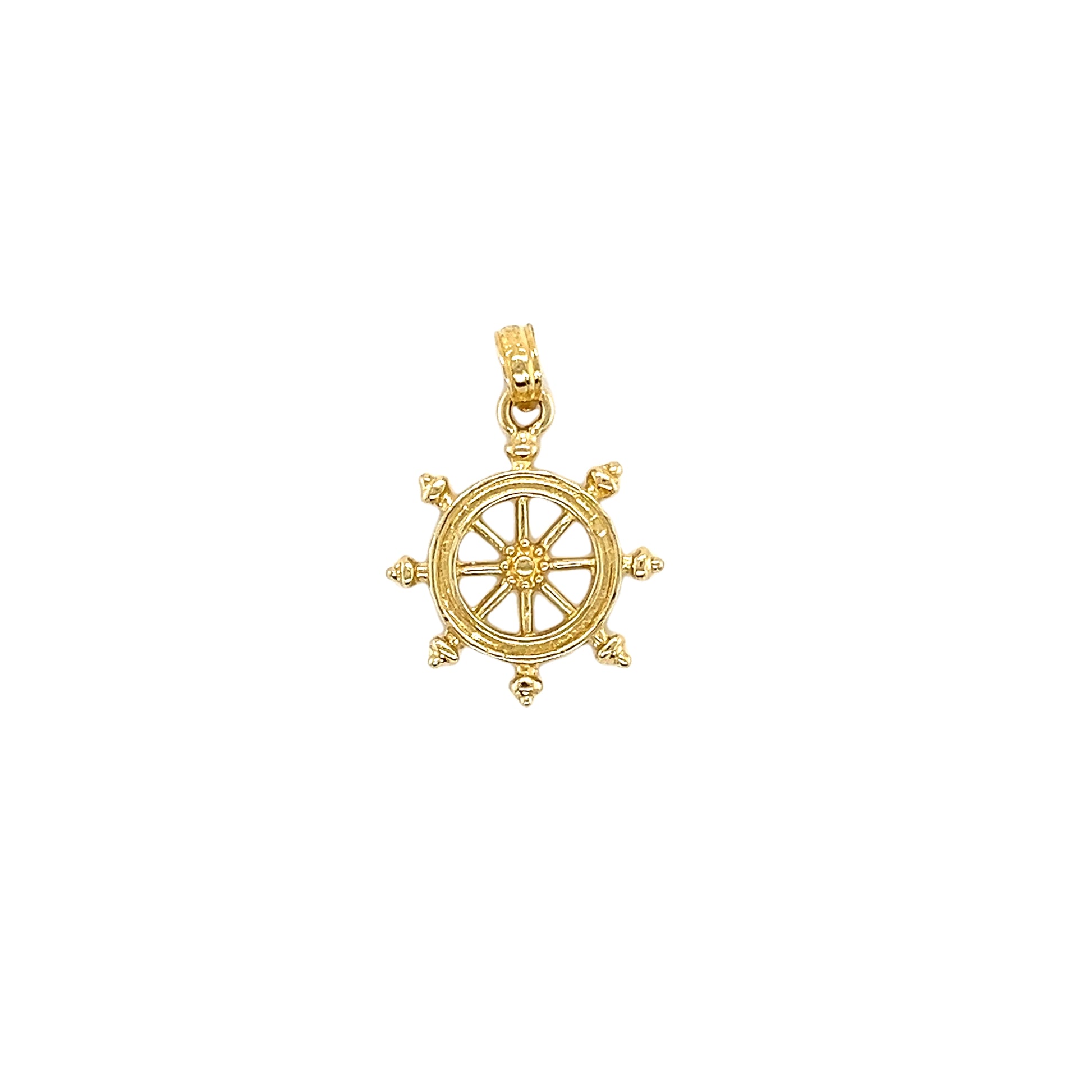 Ship Wheel Pendant with 2D Details in 14K Yellow Gold. Pendant Front View.
