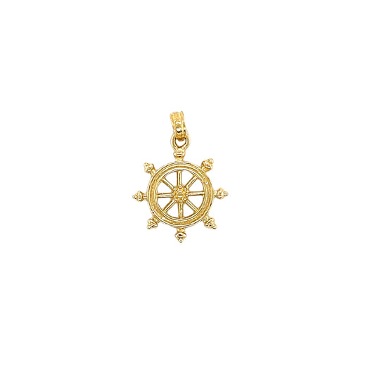 Ship Wheel Pendant with 2D Details in 14K Yellow Gold. Pendant Front View.