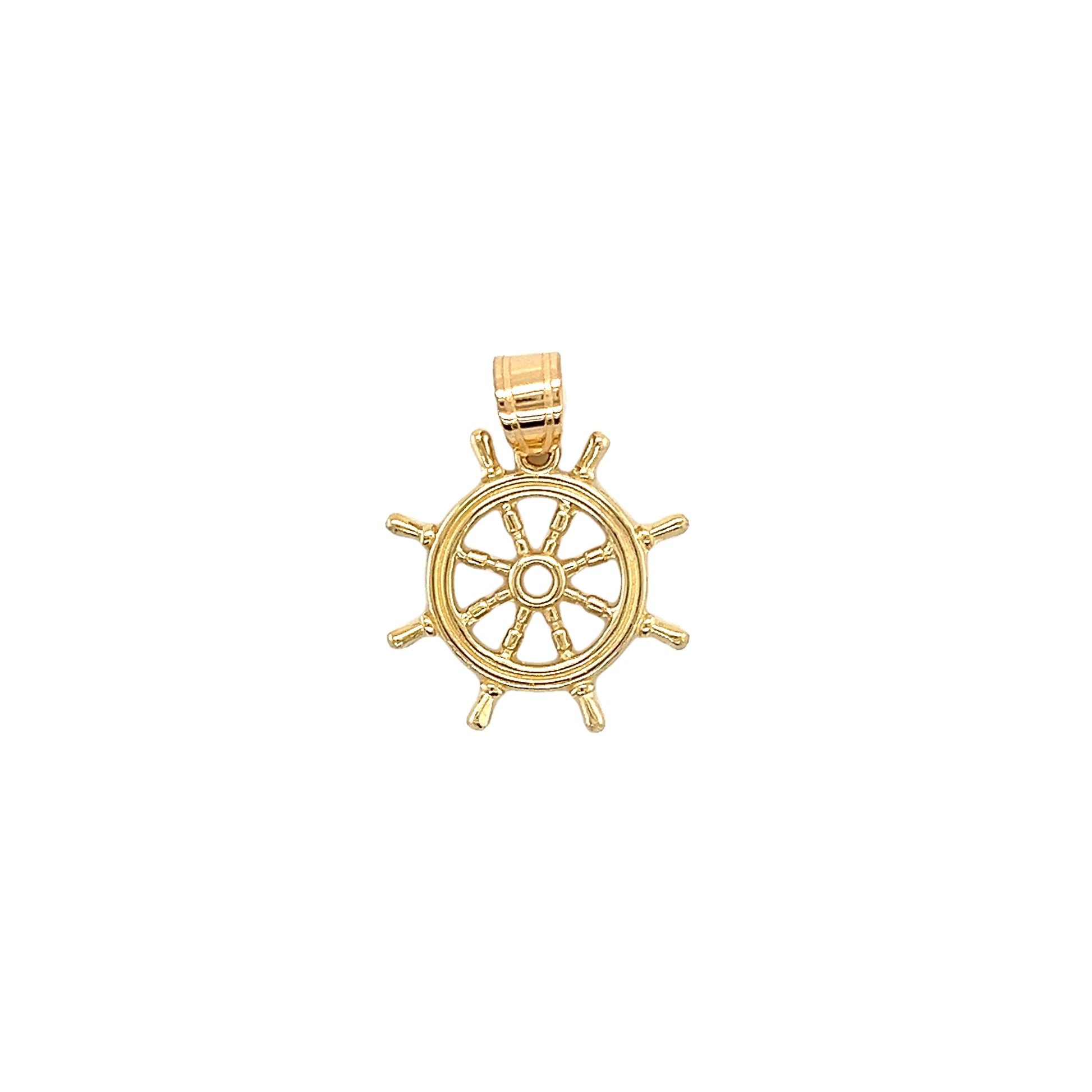 Ship Wheel Pendant with 3D Details in 14K Yellow Gold. Pendant Front View.