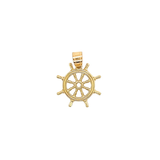 Ship Wheel Pendant with 3D Details in 14K Yellow Gold. Pendant Front View.