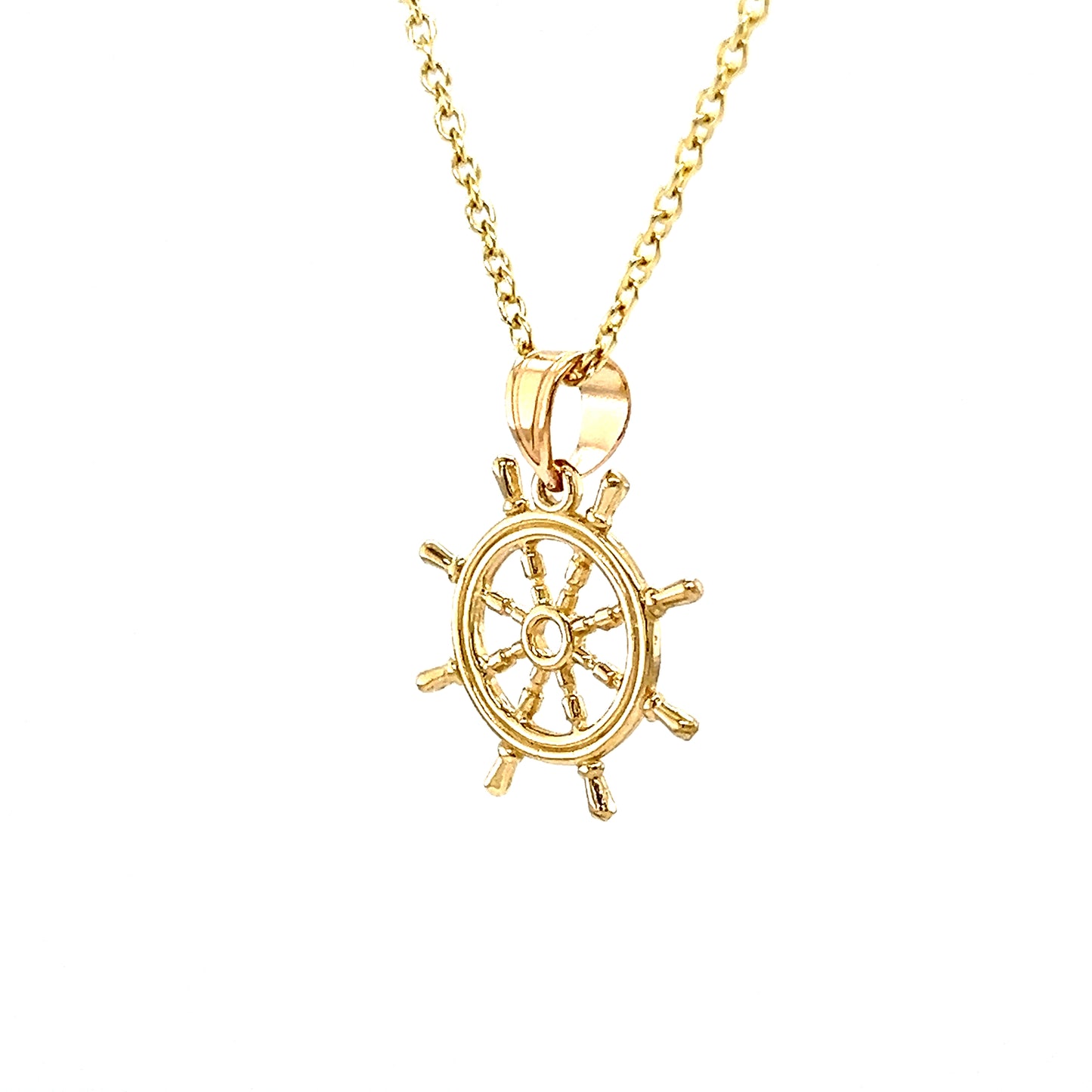 Ship Wheel Pendant with 3D Details in 14K Yellow Gold. Pendant and Chain Left Side View.