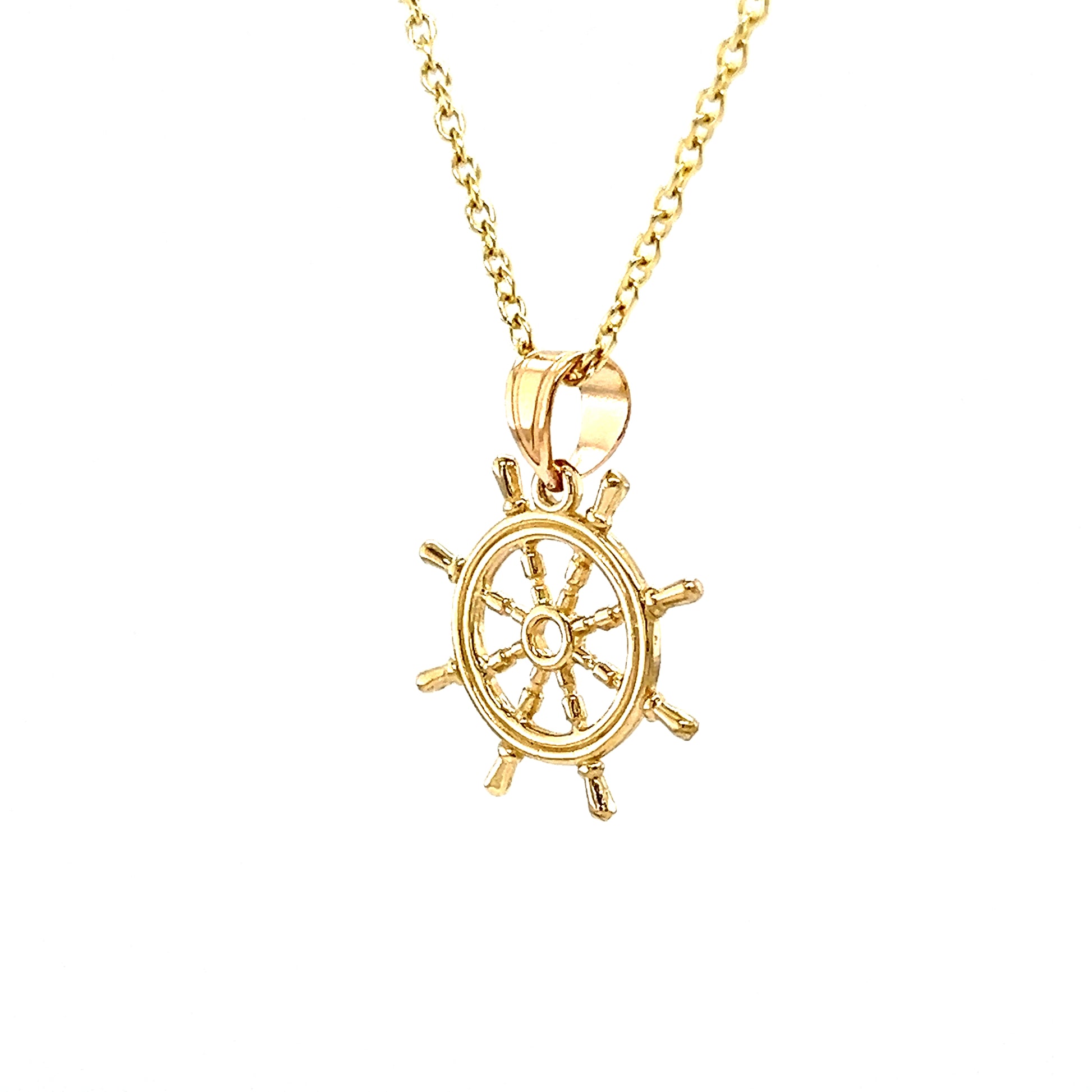 Ship Wheel Pendant with 3D Details in 14K Yellow Gold. Pendant and Chain Left Side View.
