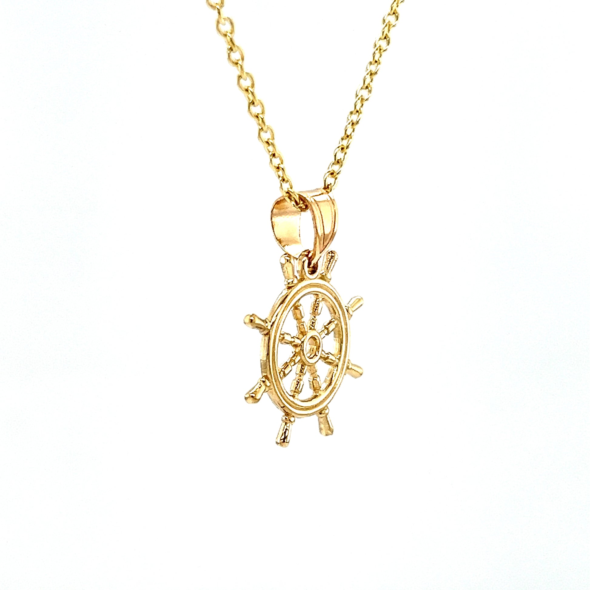 Ship Wheel Pendant with 3D Details in 14K Yellow Gold. Pendant and Chain Right Side View.