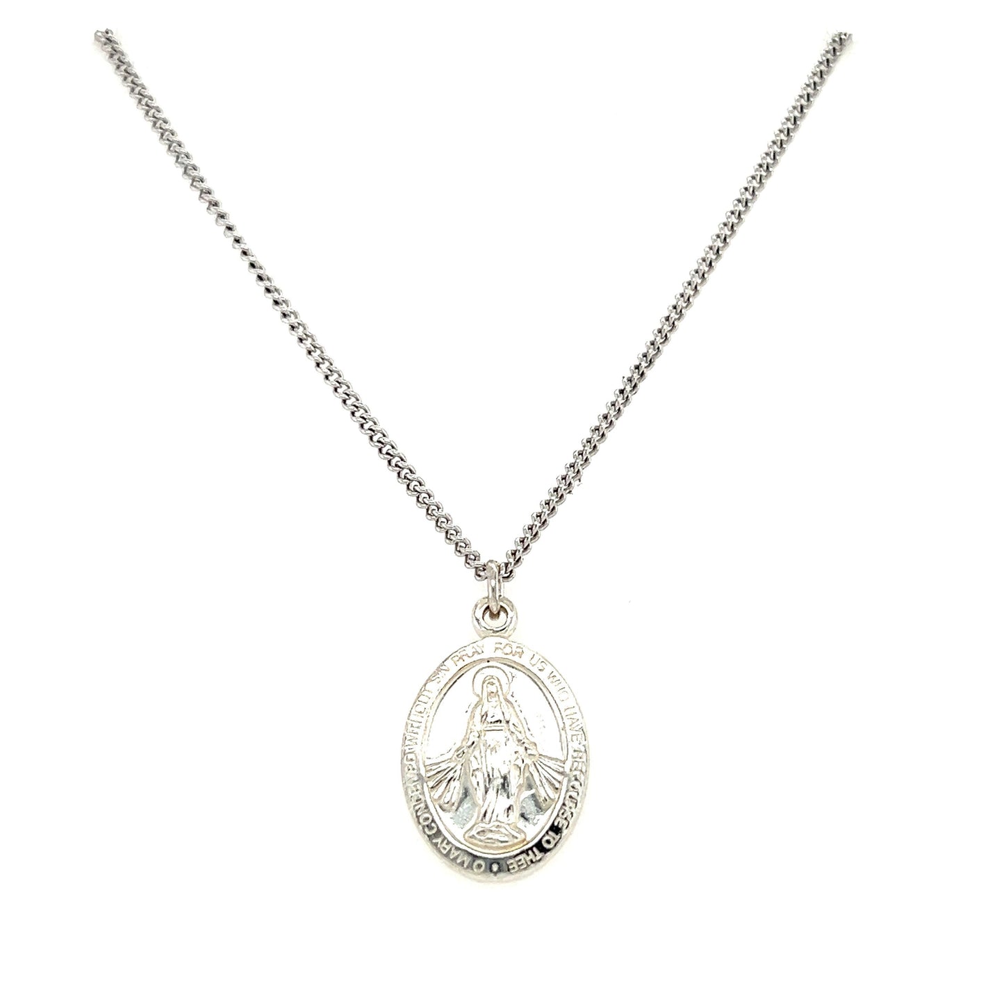 Small Oval Miraculous Medal Necklace in Sterling Silver. Front View.