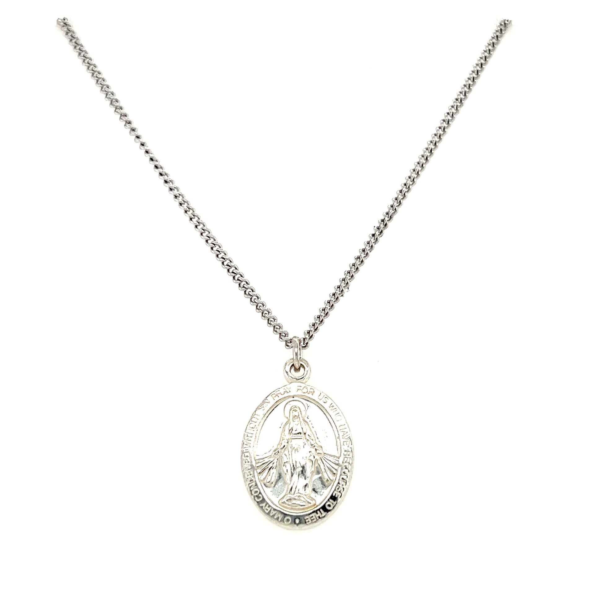 Small Oval Miraculous Medal Necklace in Sterling Silver. Front View.