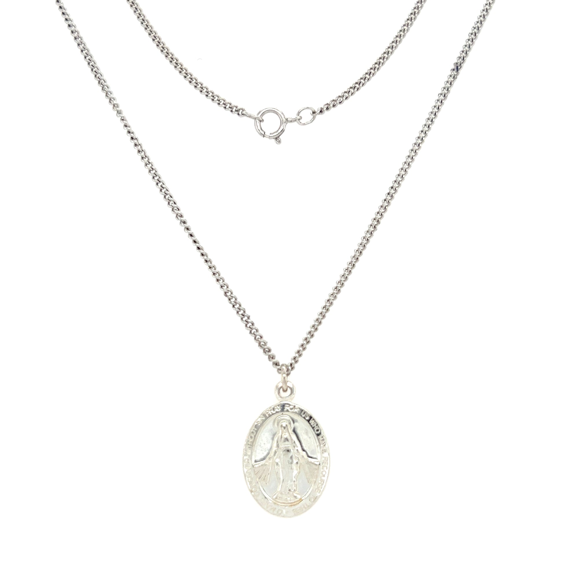 Small Oval Miraculous Medal Necklace in Sterling Silver. Full Necklace Front View.