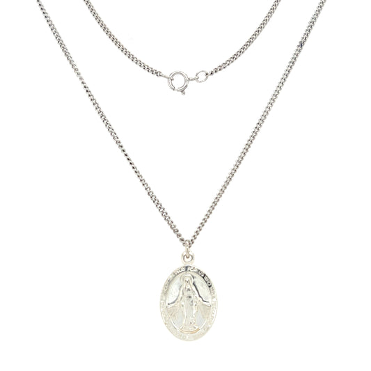 Small Oval Miraculous Medal Necklace in Sterling Silver. Full Necklace Front View.