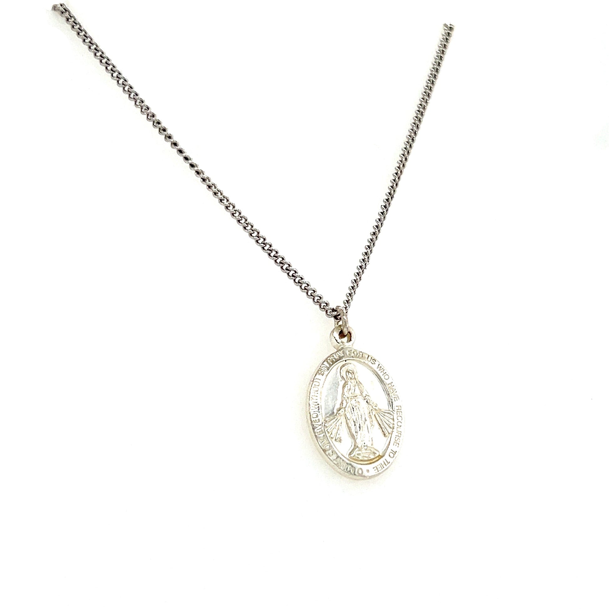 Small Oval Miraculous Medal Necklace in Sterling Silver. Left Side View.