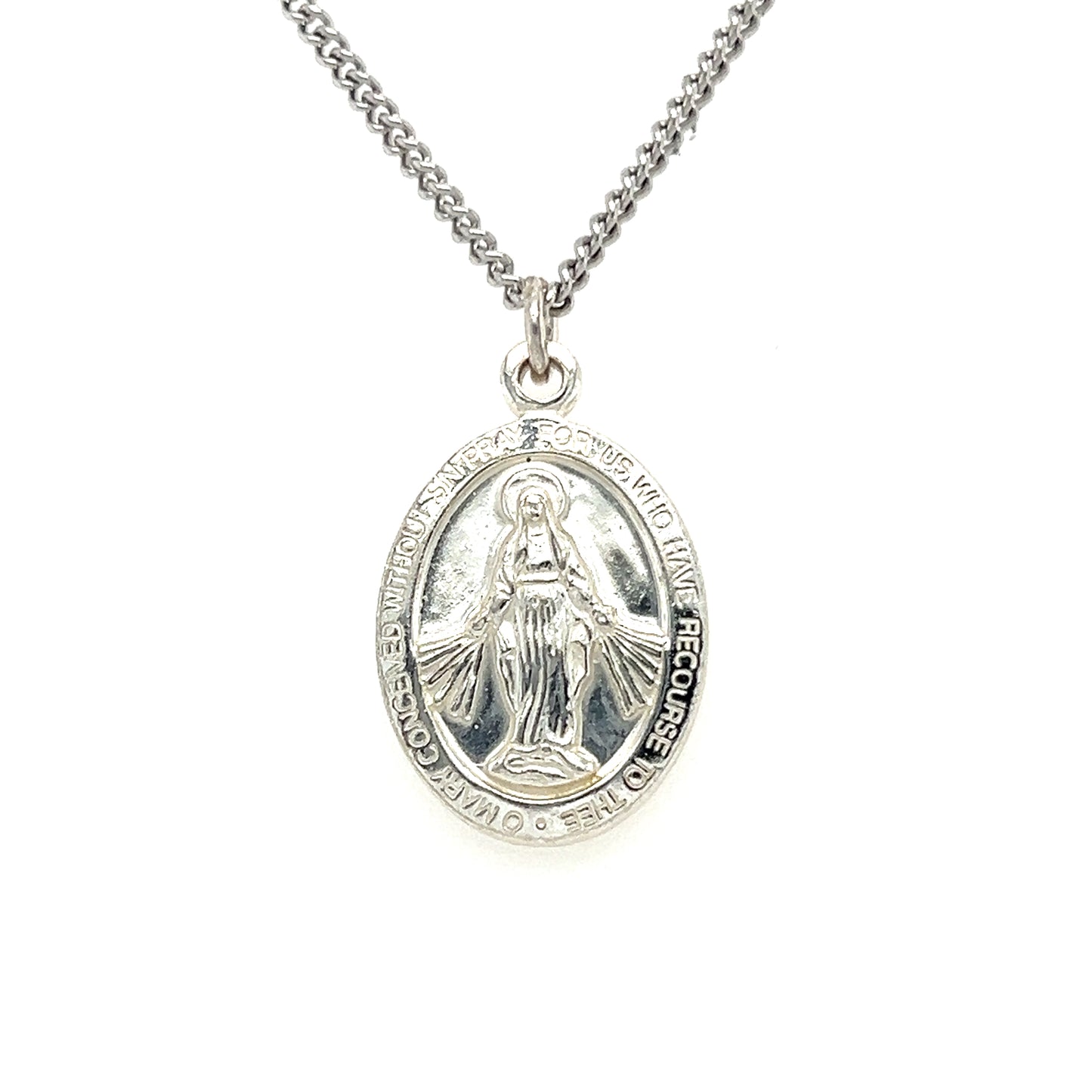 Small Oval Miraculous Medal Necklace in Sterling Silver. Medal View.
