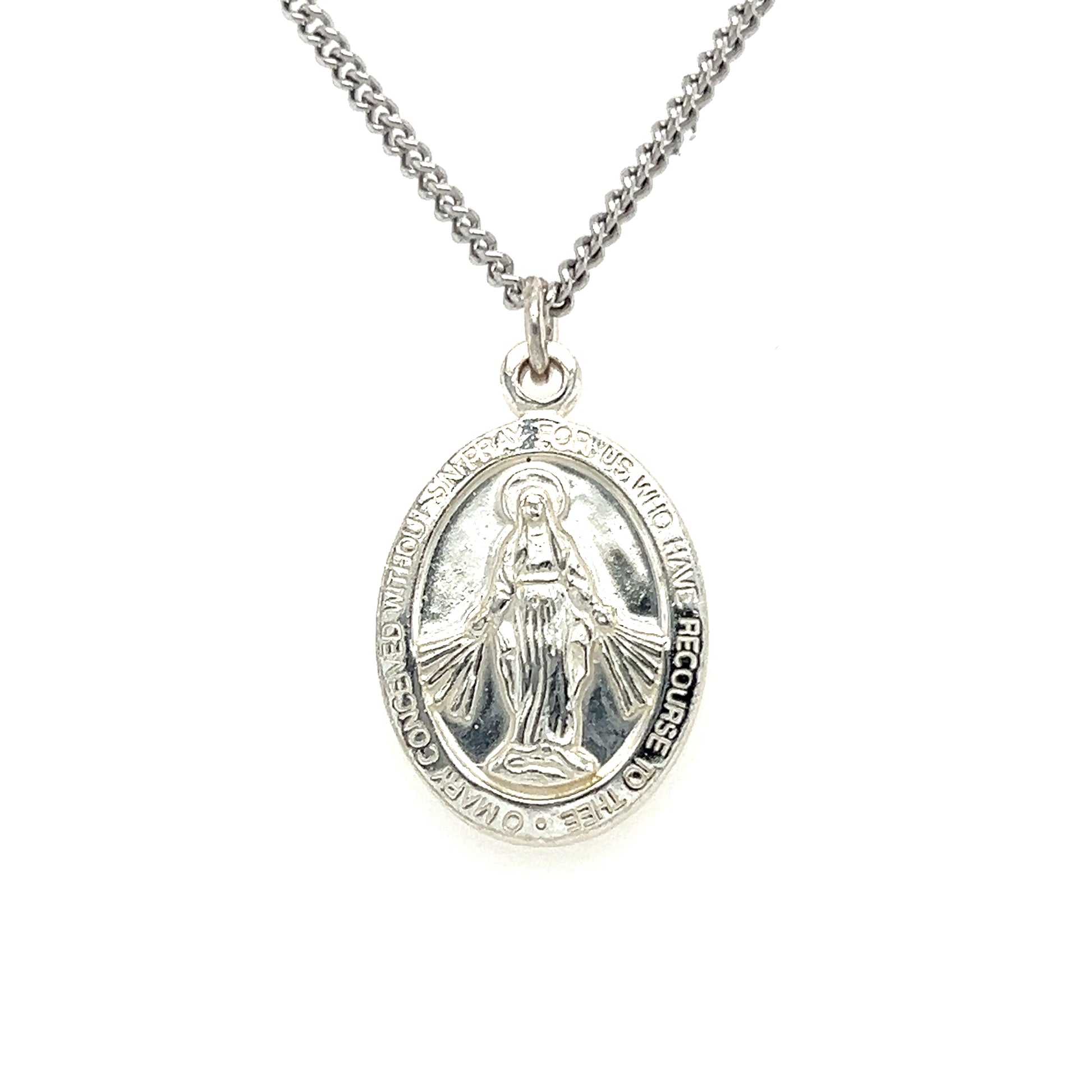 Small Oval Miraculous Medal Necklace in Sterling Silver. Medal View.