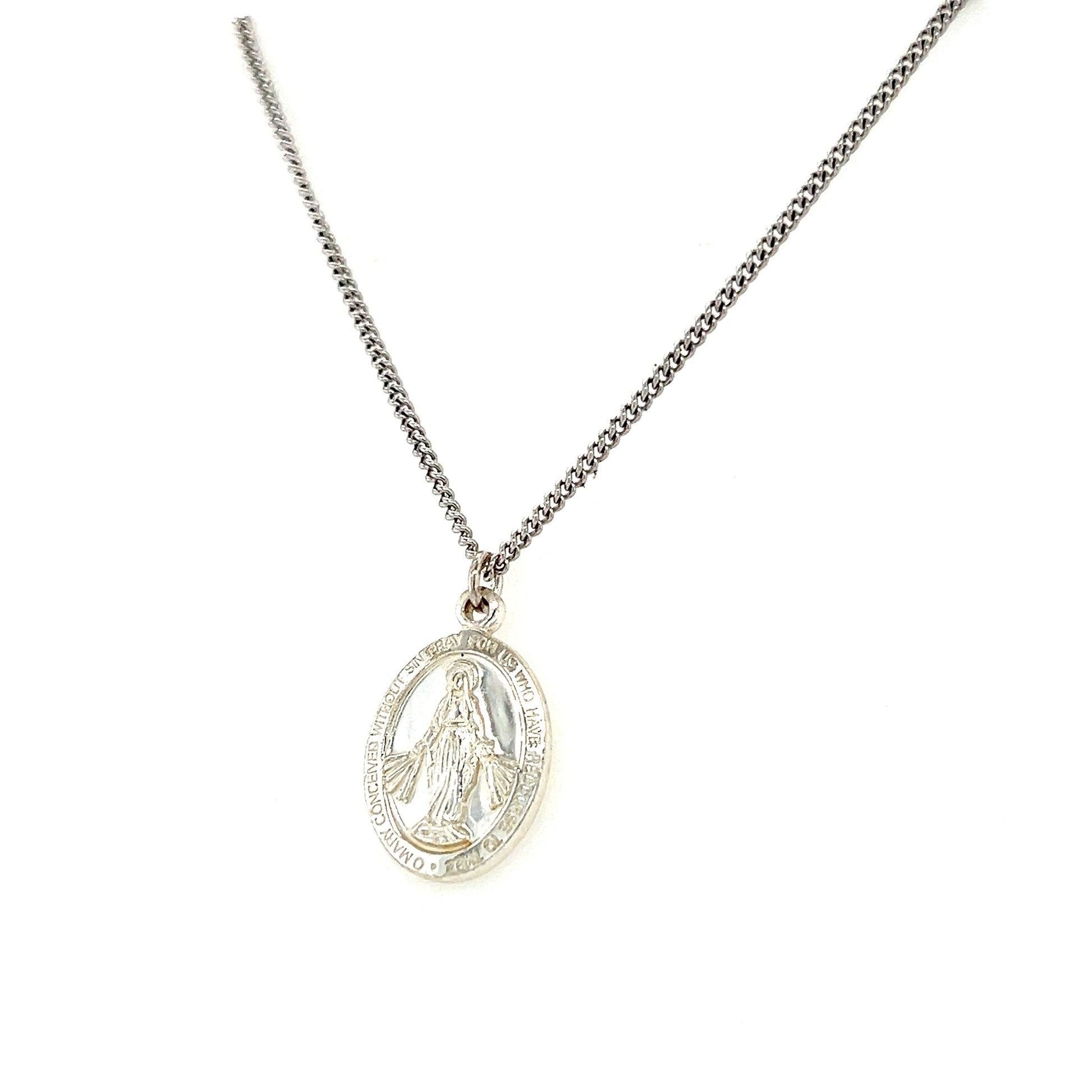 Small Oval Miraculous Medal Necklace in Sterling Silver. Right Side View.