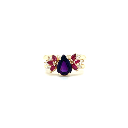 Split Shank Amethyst Ring with Rubies and Diamonds in 14K Yellow Gold. Front View