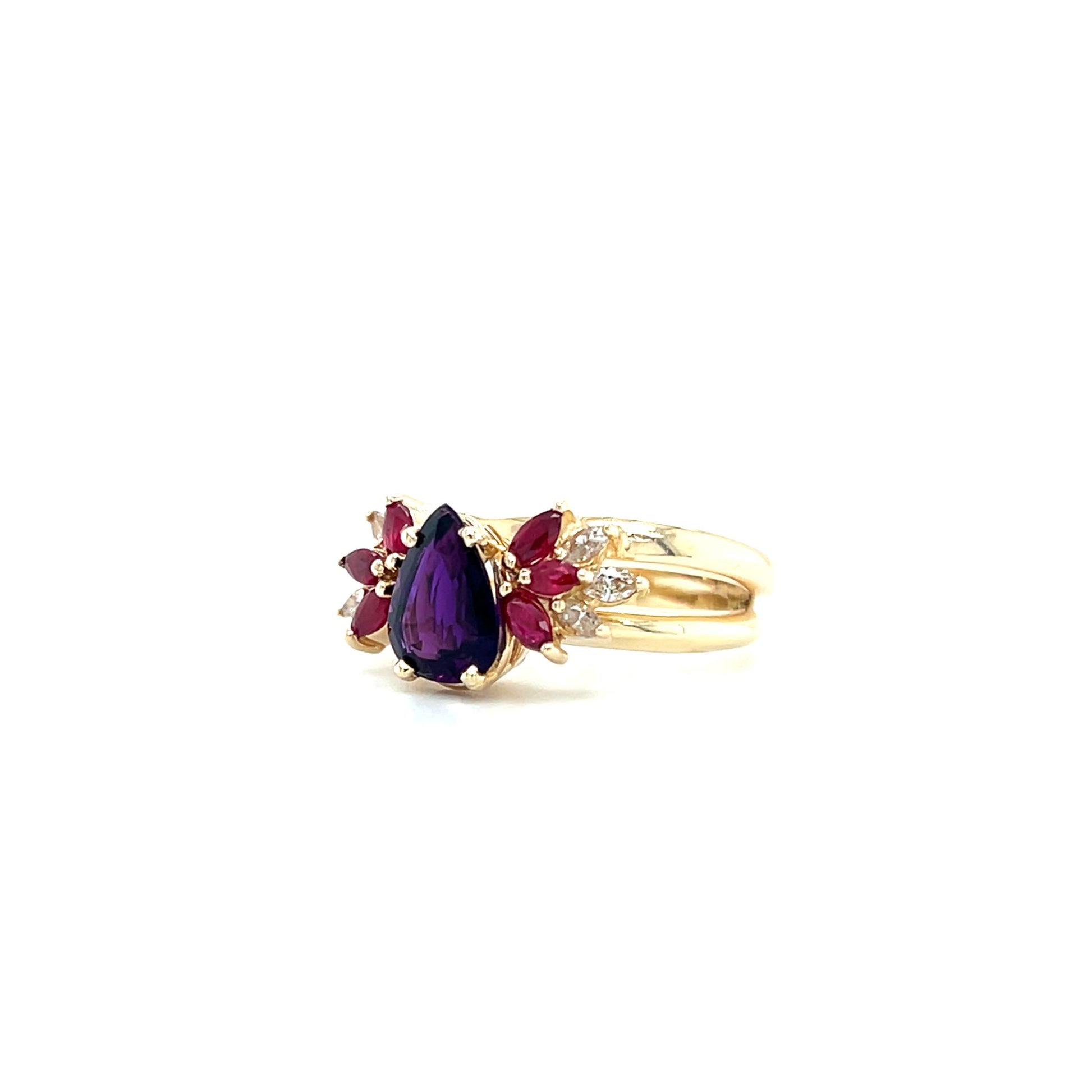 Split Shank Amethyst Ring with Rubies and Diamonds in 14K Yellow Gold. Right Side View.