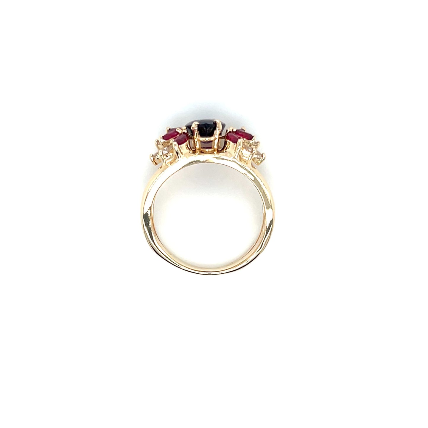 Split Shank Amethyst Ring with Rubies and Diamonds in 14K Yellow Gold. Top View.