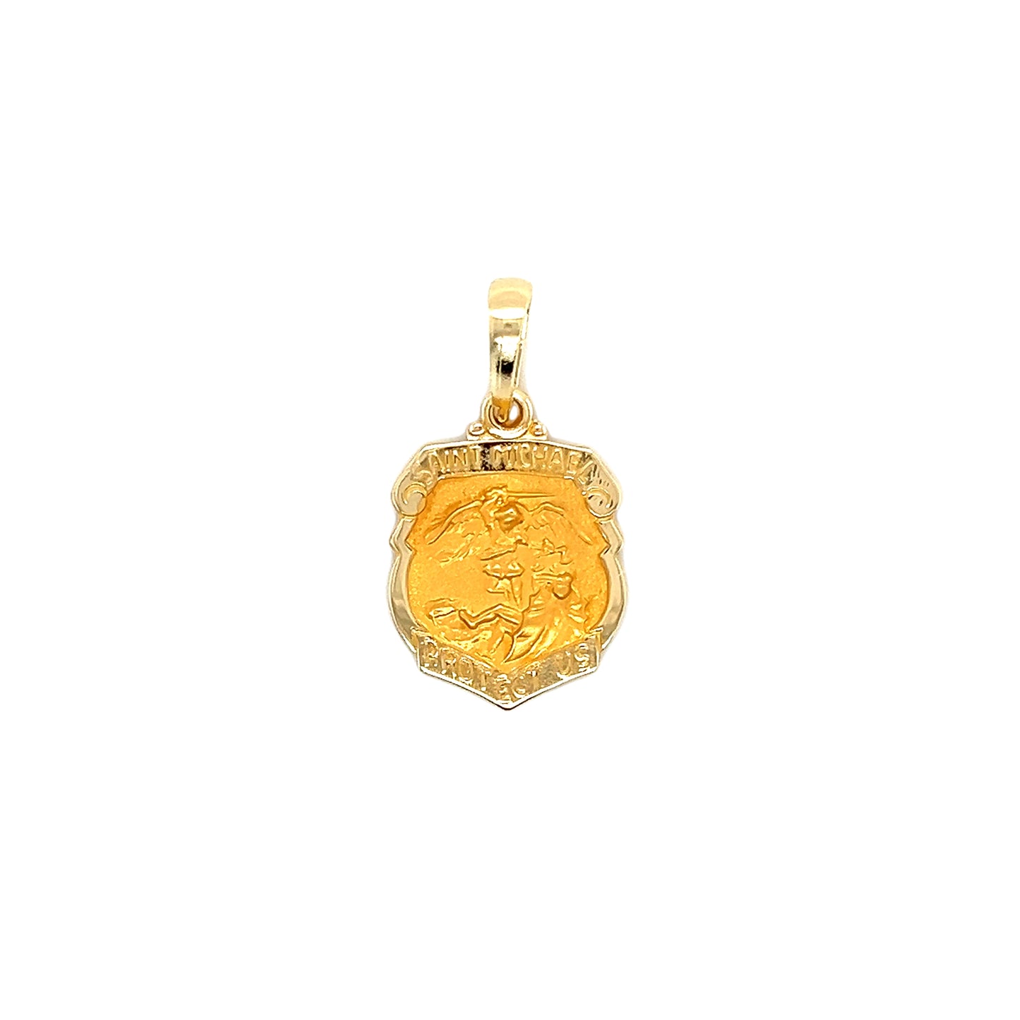 St. Michael Medal with Satin Finish in 14K Yellow Gold. Medal Front View.
