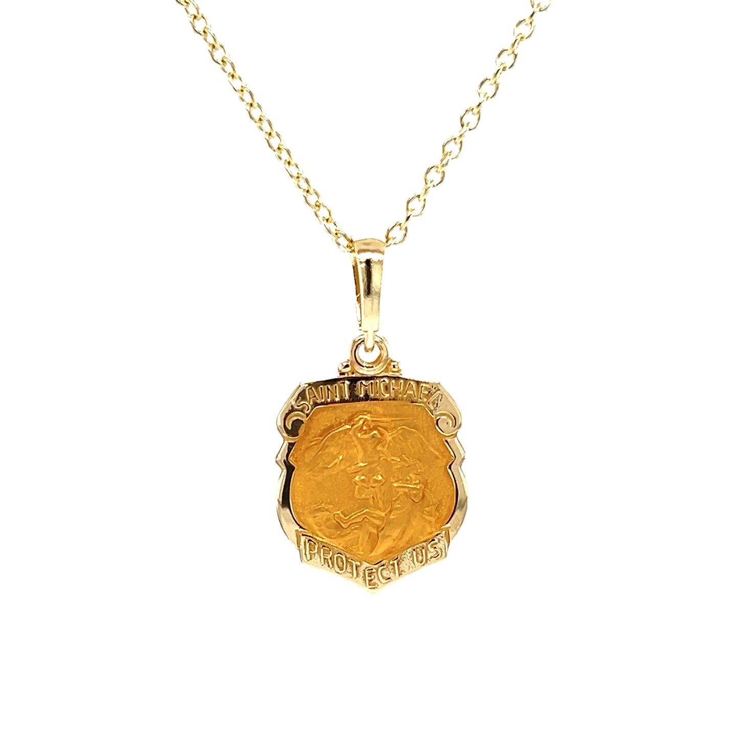 St. Michael Medal with Satin Finish in 14K Yellow Gold. Medal and Chain Front View.