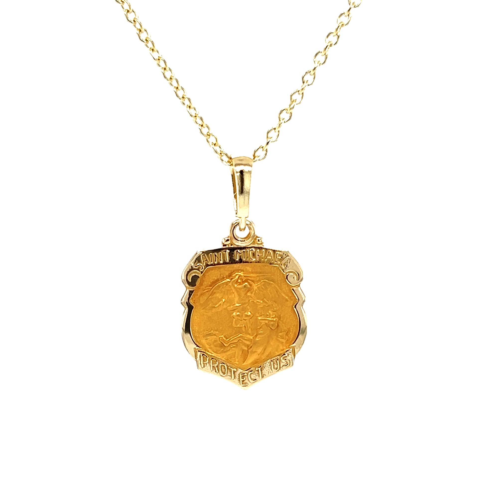 St. Michael Medal with Satin Finish in 14K Yellow Gold. Medal and Chain Front View.