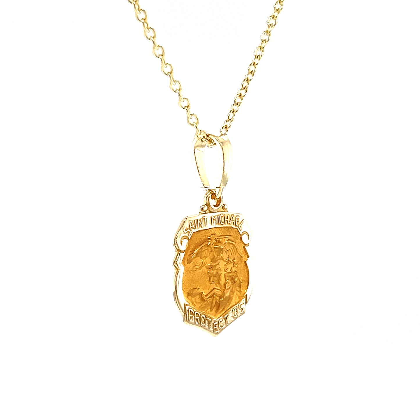 St. Michael Medal with Satin Finish in 14K Yellow Gold. Medal and Chain Left Side View.