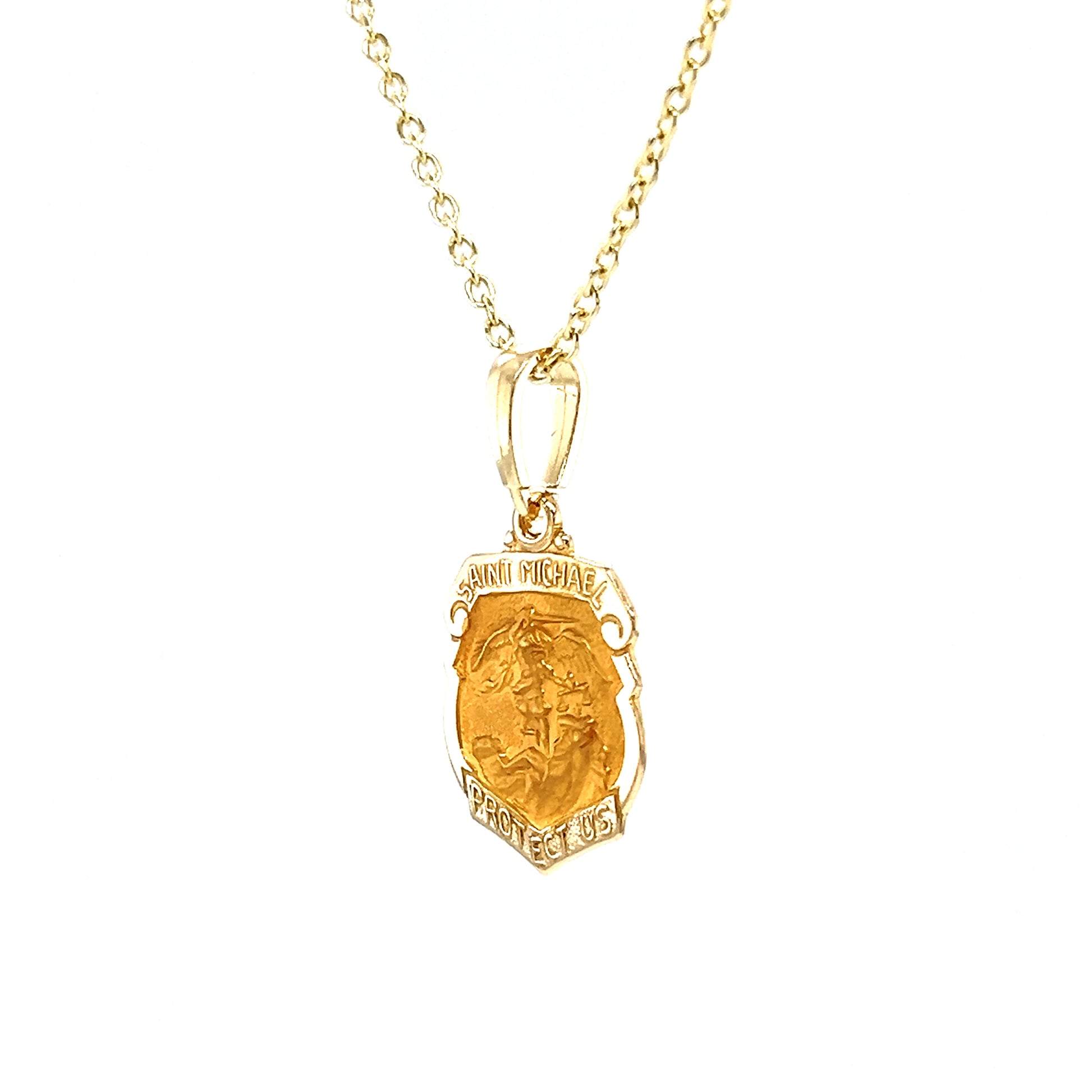 St. Michael Medal with Satin Finish in 14K Yellow Gold. Medal and Chain Right Side View.