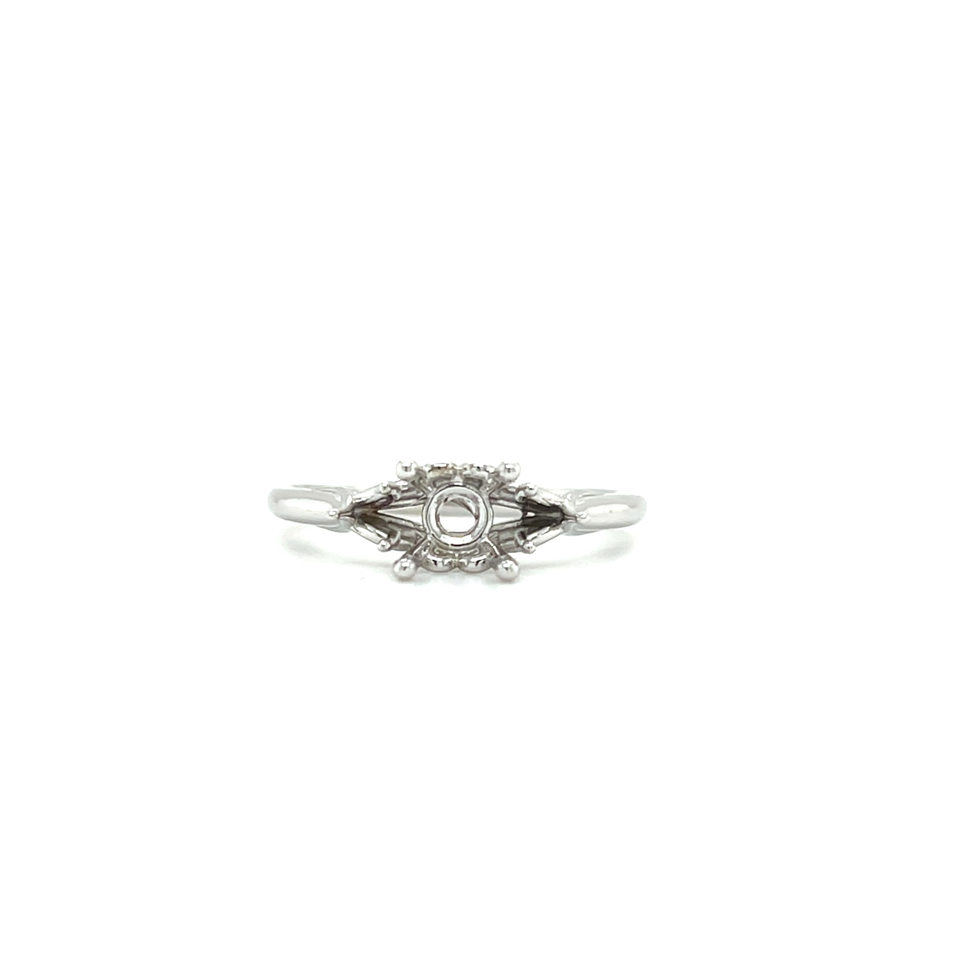 Three Stone Ring Setting with Swirly Details in 14K White Gold. Front View.