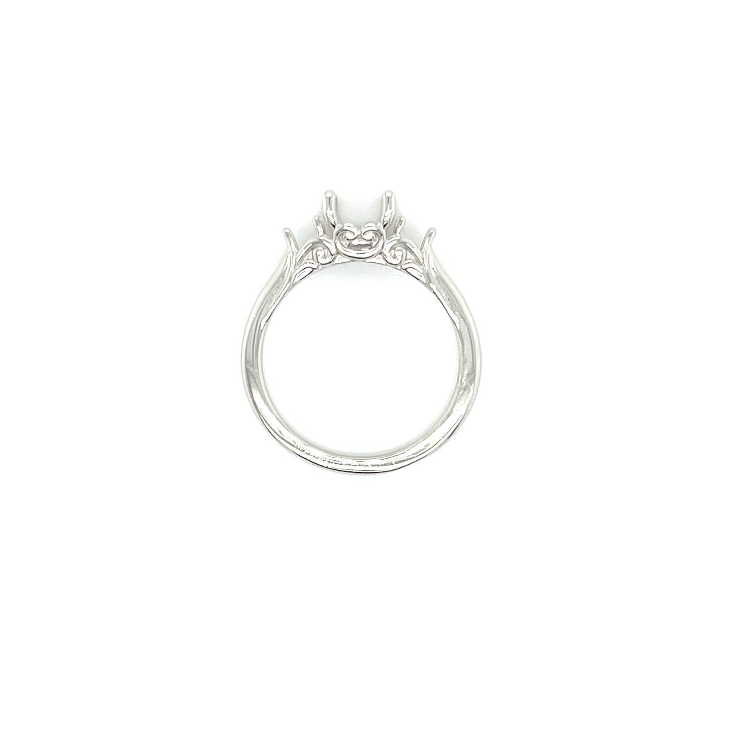 Three Stone Ring Setting with Swirly Details in 14K White Gold. Top View.
