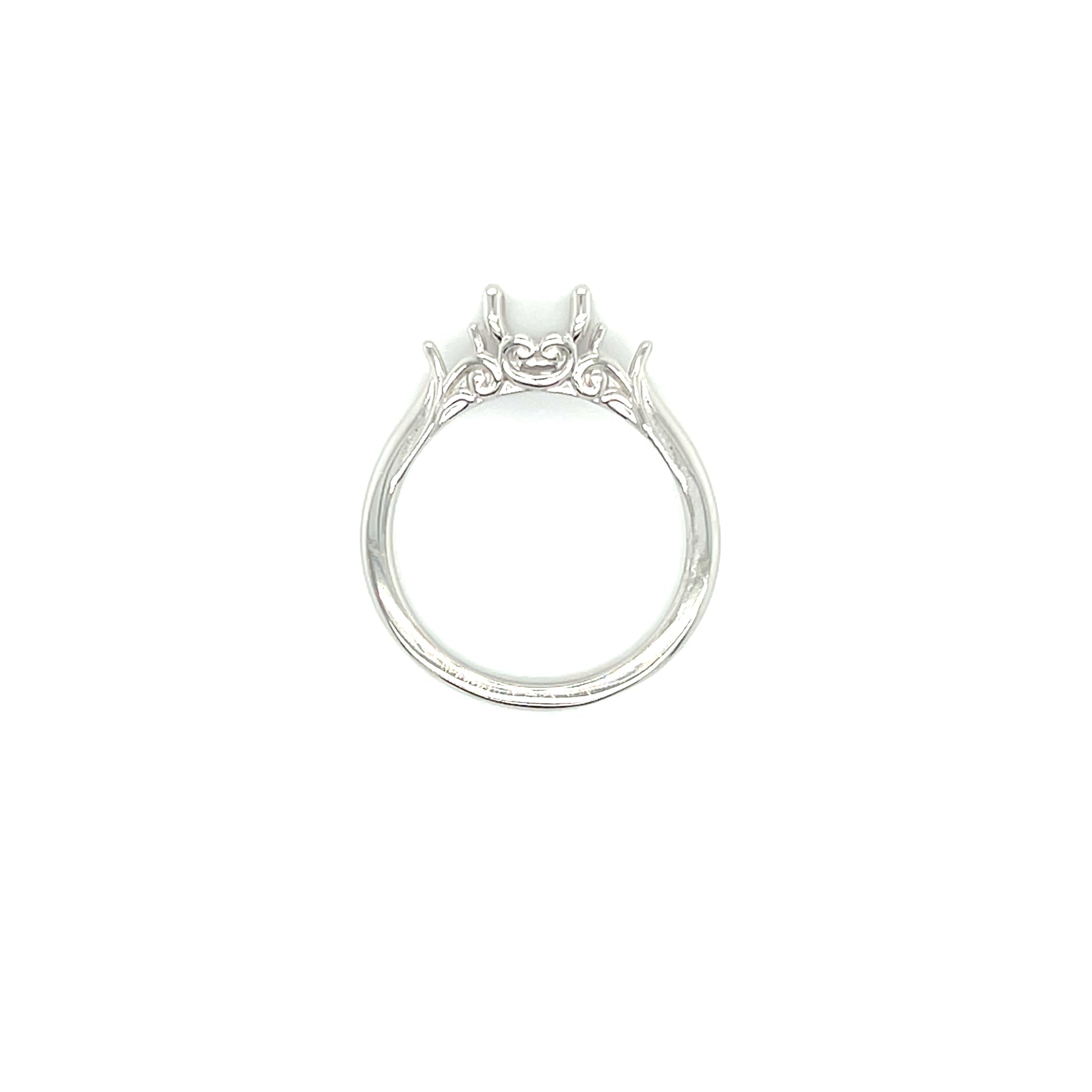 Three Stone Ring Setting with Swirly Details in 14K White Gold. Top View.