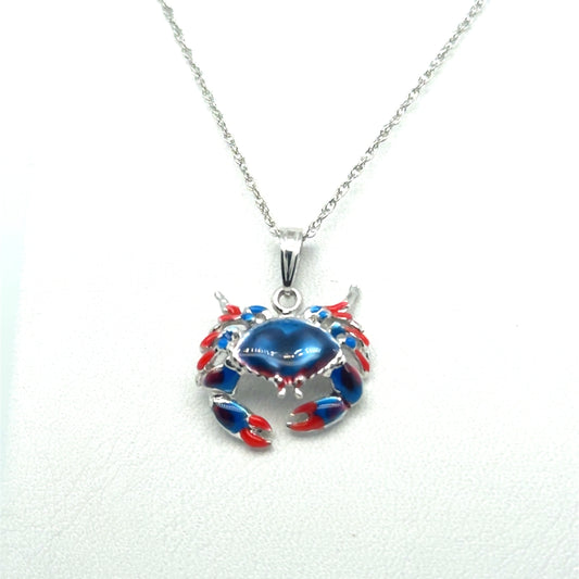 Blue Stone Crab Small Pendant with Enameling in Sterling Silver with Sterling Silver Chain