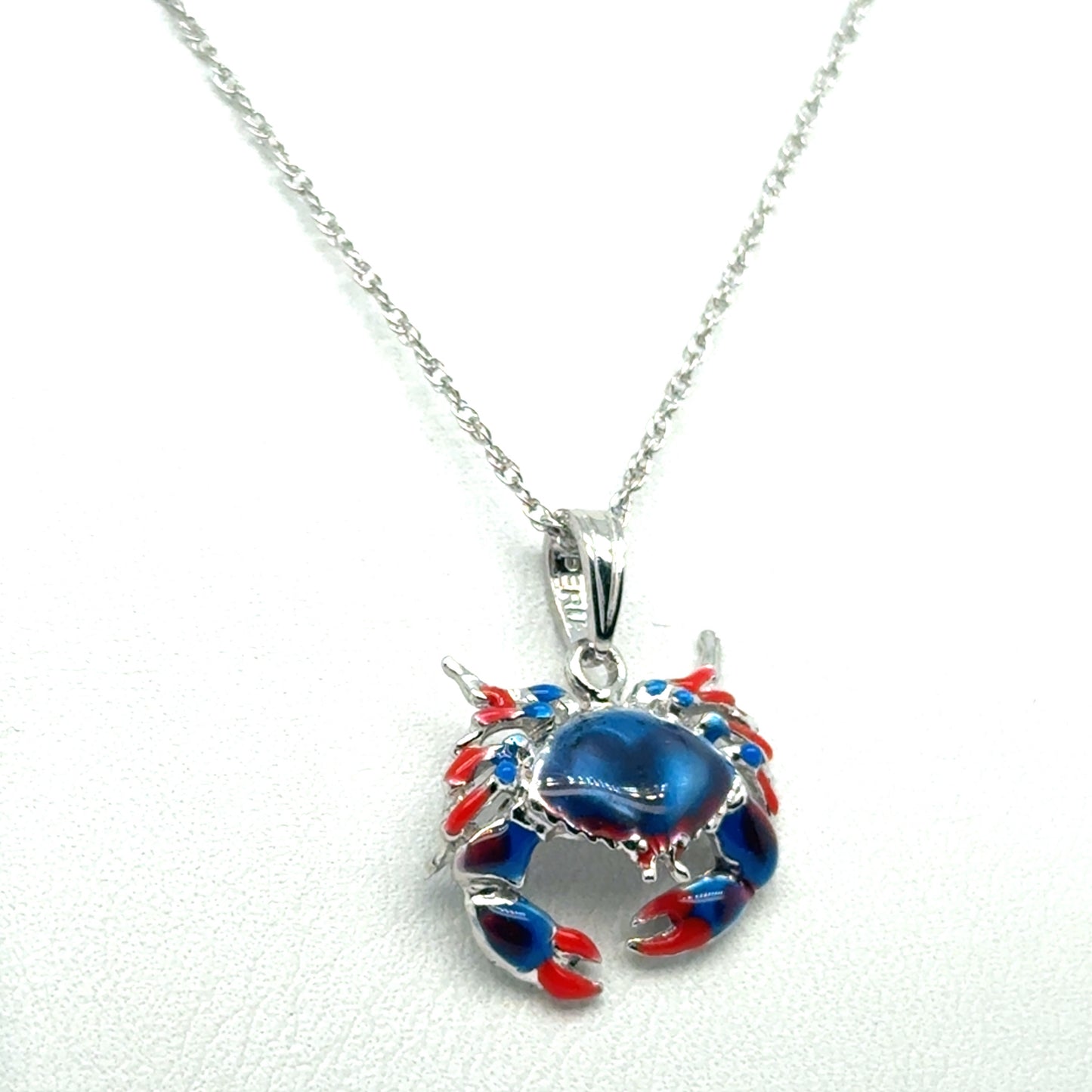 Blue Stone Crab Small Pendant with Enameling in Sterling Silver with Sterling Silver Chain