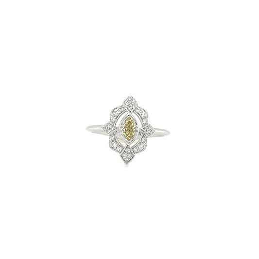 Yellow Marquise Diamond Ring with Detached Halo in 14K White Gold. Front View