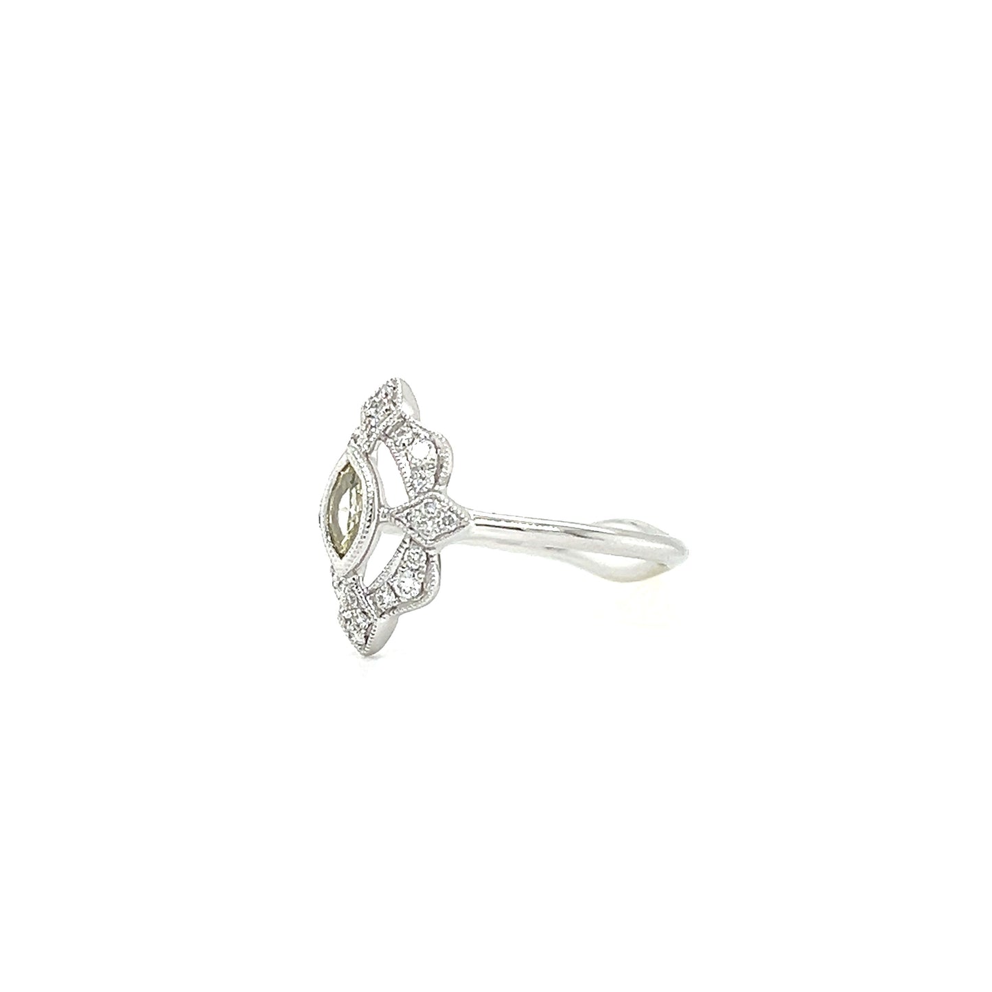 Yellow Marquise Diamond Ring with Detached Halo in 14K White Gold. Right Profile.