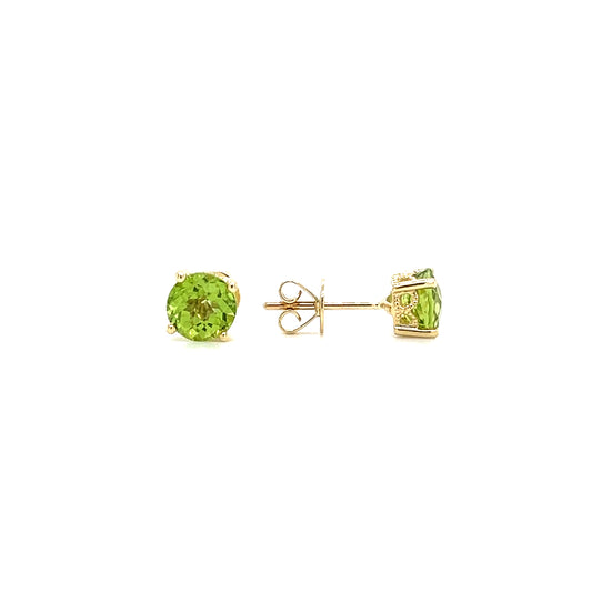Round Peridot 6mm Stud Earrings in 14K Yellow Gold Front and Side View