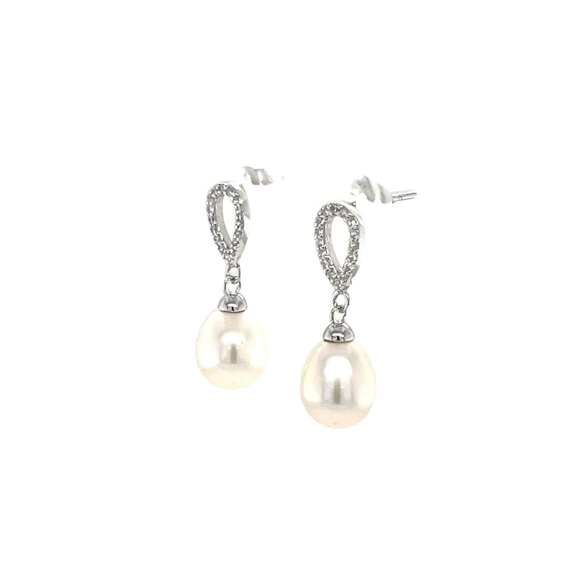 Rice Pearl Dangle Earrings with White Crystals and Sterling Silver Right Side View