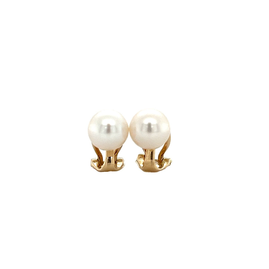 Akoya Pearl 7.5mm Stud Earrings with Omega Clip Backs in 14K Yellow Gold. Front View