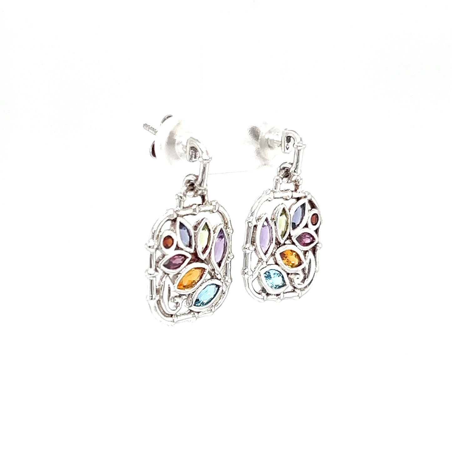 Leaf Dangle Earrings with Multi Gemstones Accents in Sterling Silver Left Side View