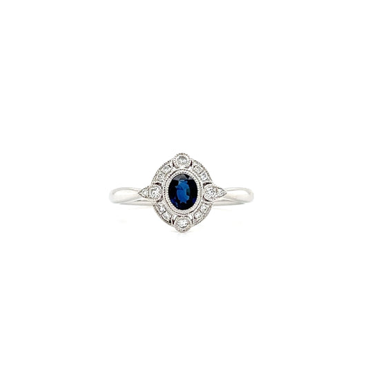 Blue Sapphire Ring with Milgrain Diamond Halo in 14K White Gold Front View
