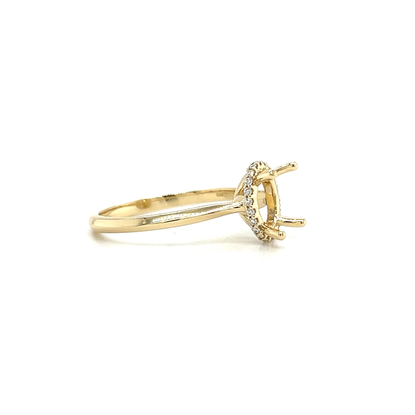 Oval Ring Setting with Hidden Diamond Halo in 14K Yellow Gold. Left Side View