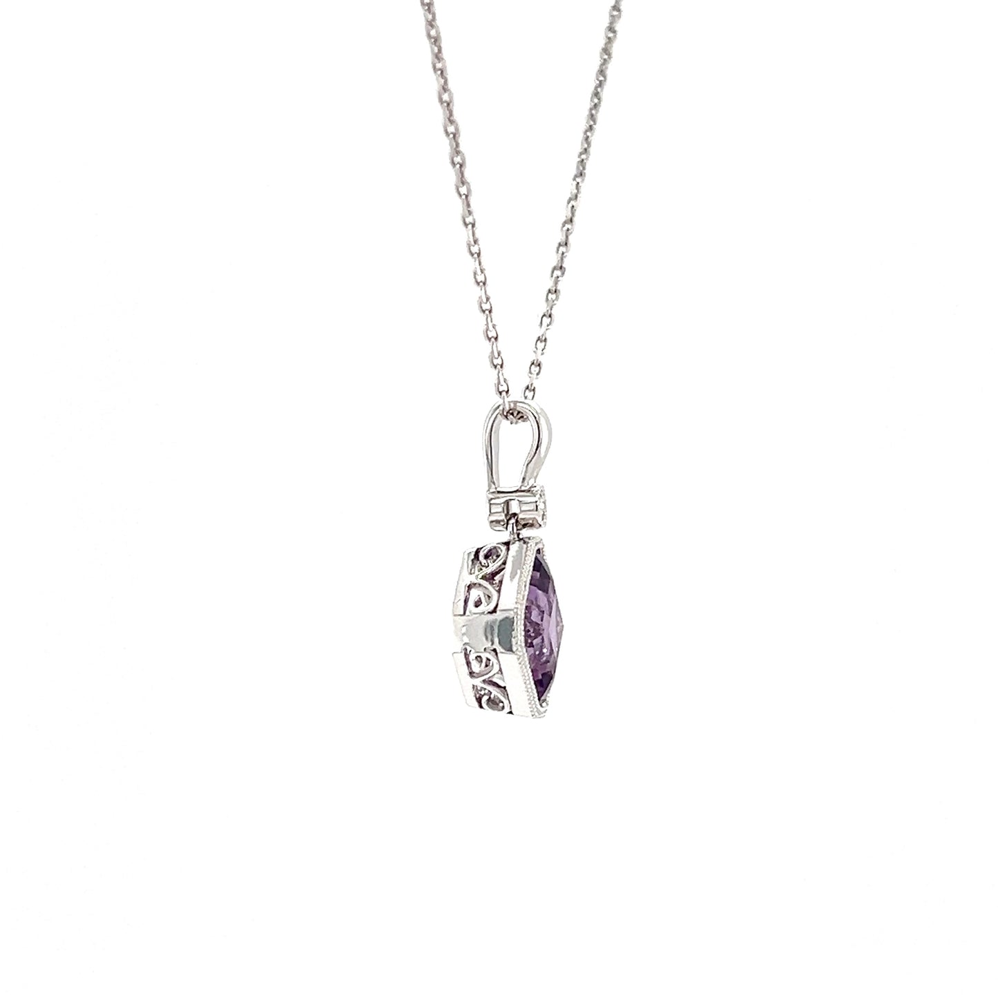 Asscher Amethyst Pendant with One Diamond in 14K White Gold Left Side View