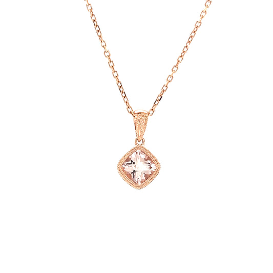 Cushion Morganite Pendant with Filigree and Milgrain Details in 14K Rose Gold Front View