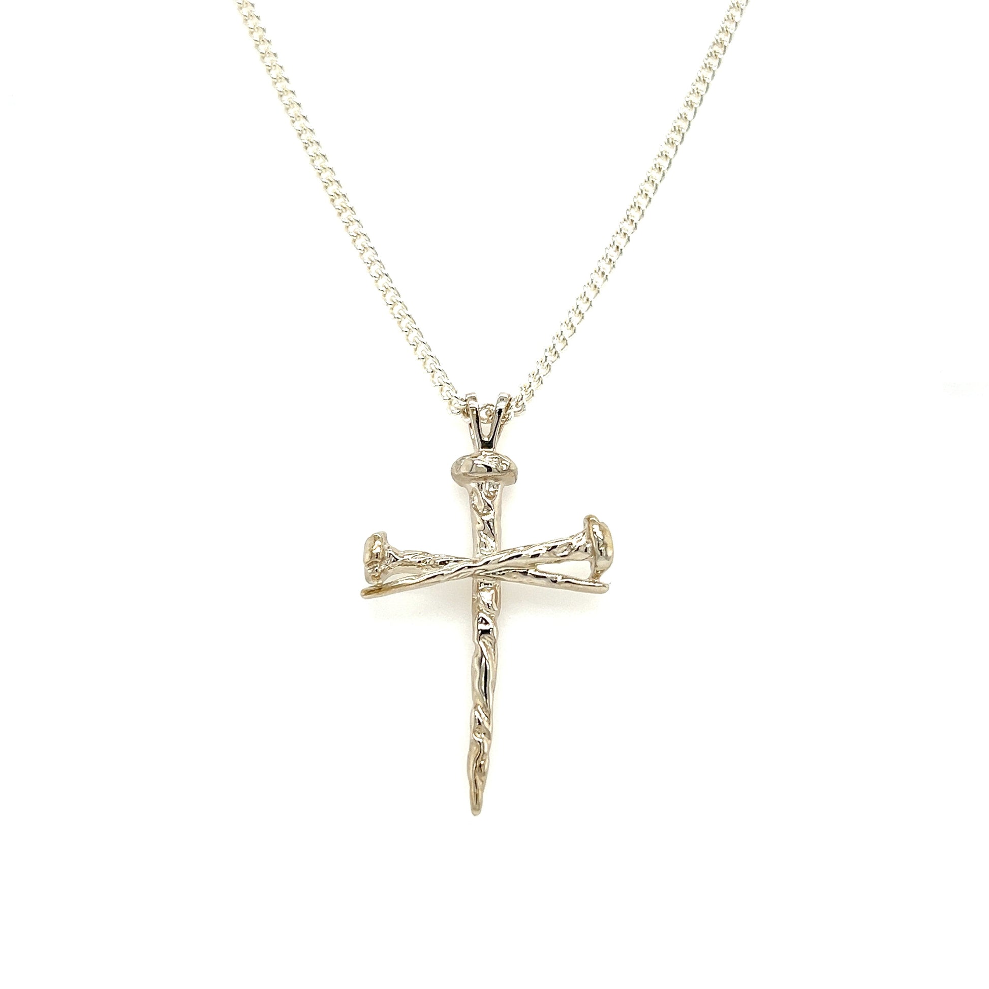 Nail Cross Necklace with Textured Details in Sterling Silver Front View