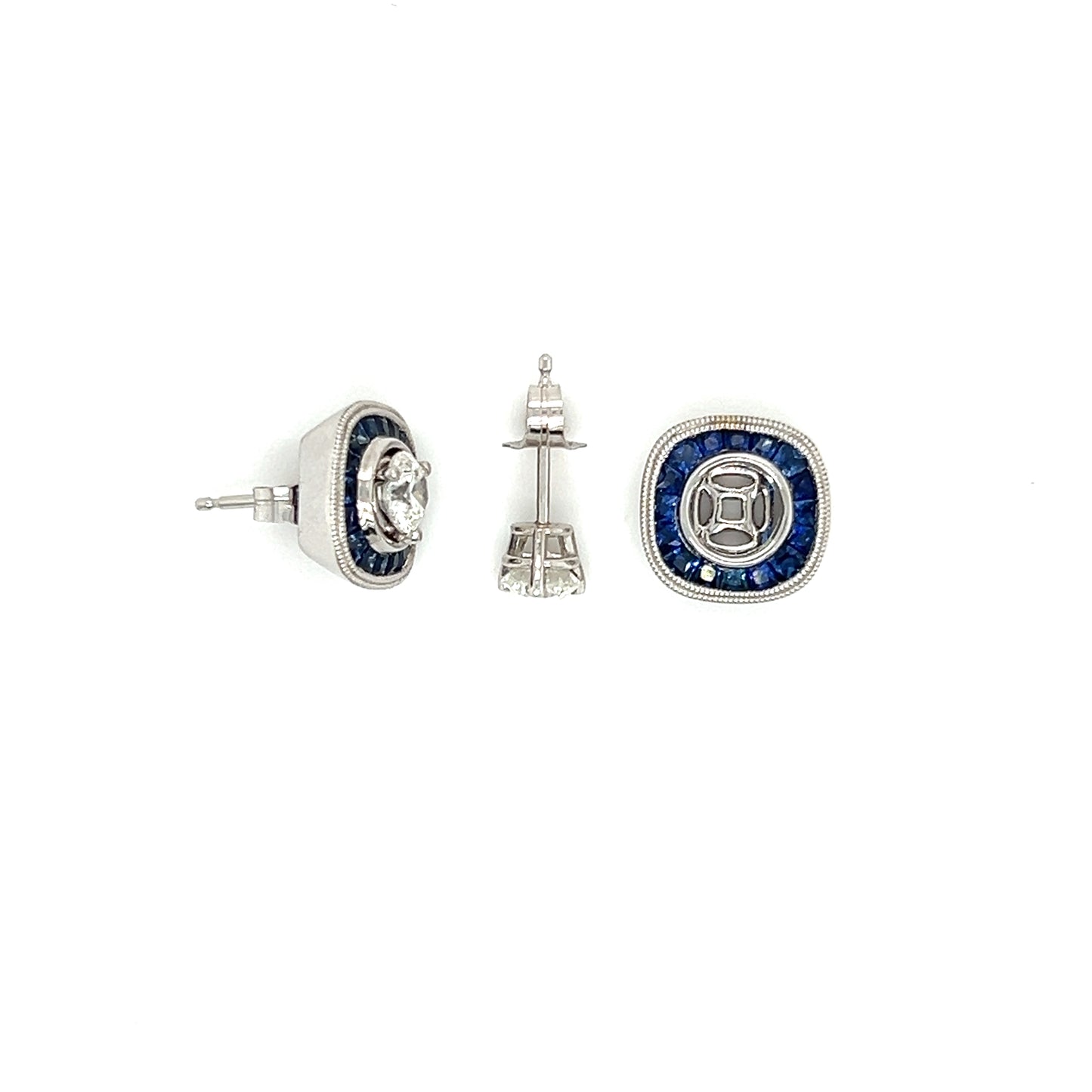Diamond 0.72ctw Stud Earrings with Blue Sapphire Jackets in 14K White Gold Top View