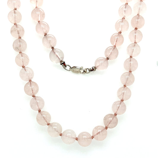 Rose Quartz Beaded Necklace with Sterling Silver Lobster Clasp and Hand Knotted. Full Necklace View
