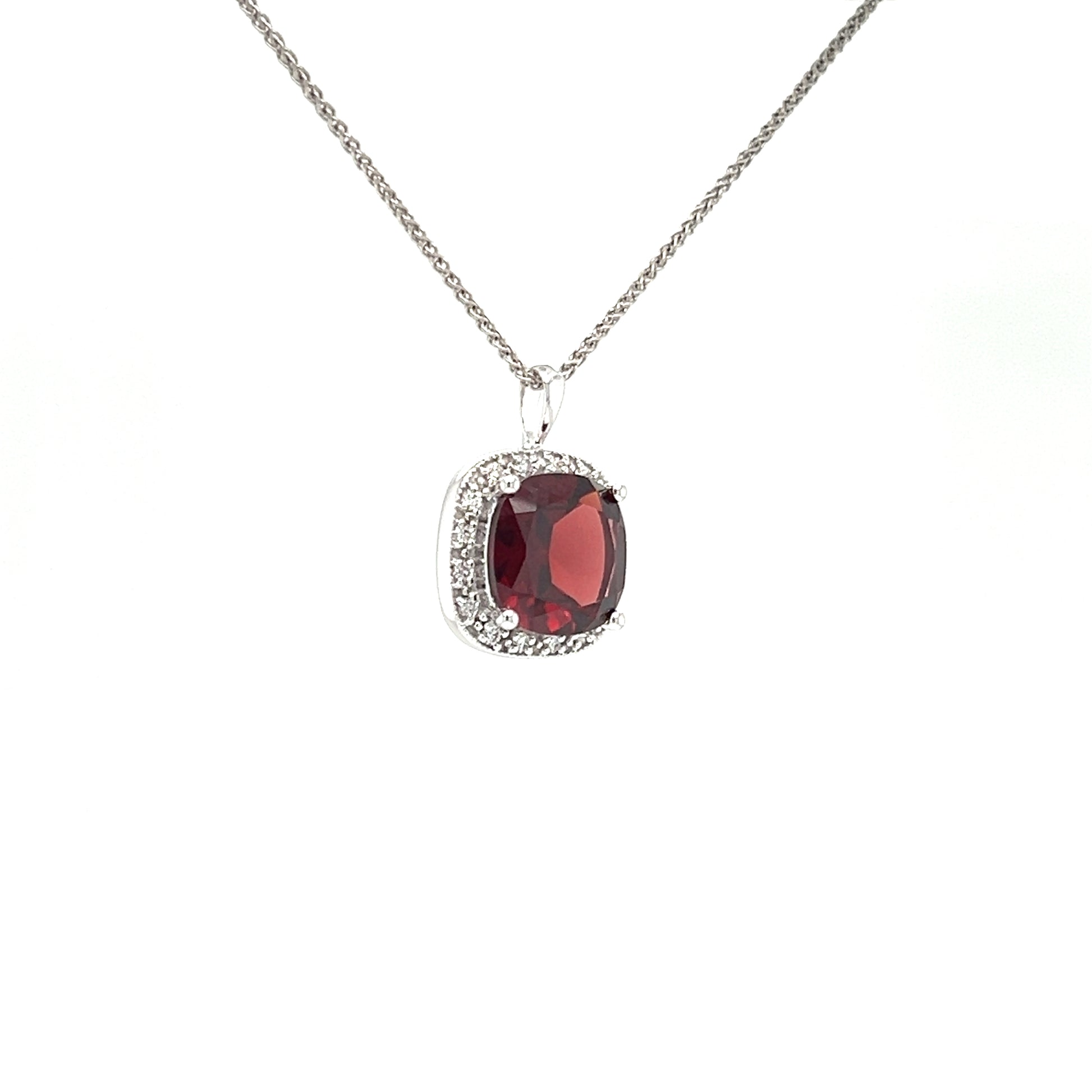 Cushion Garnet Pendant with  Diamond Halo in 14K White Gold Pendant and Chain Left Side View
