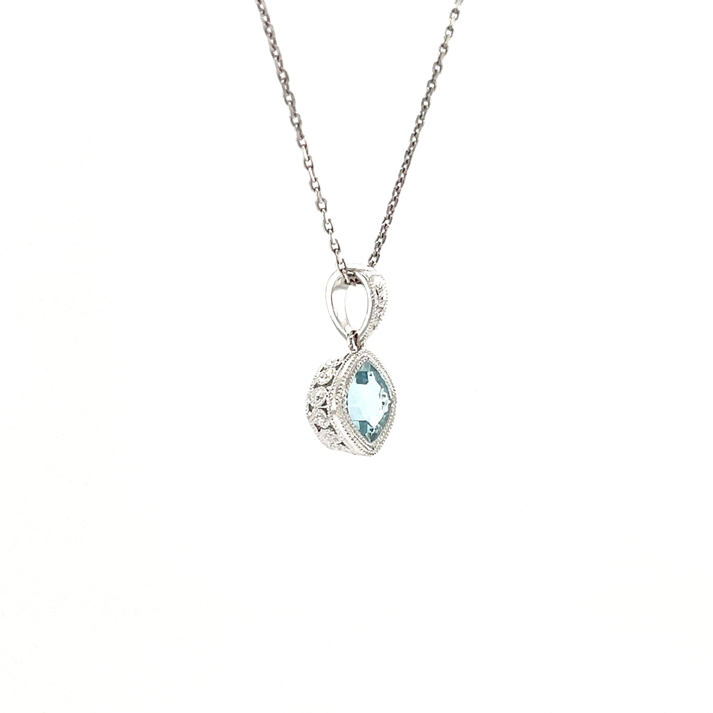 Cushion Aquamarine Pendant with Filigree and Milgrain Details in 14K White Gold Left Side View